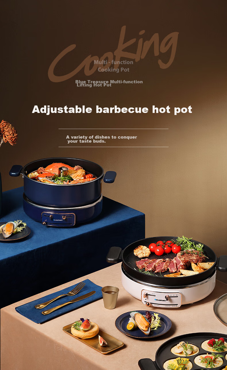 BLAUPUNKT Electric Hot Pot with Adjustable Height, Multi-Functional Cooking Pot for Home Use, 5L Detachable Electric Cooker with Magnetic Stove, Electric Stew Pot, Barbecue Meat Frying Stir-Frying Stewing Pot, Light Luxury Blue H1 3
