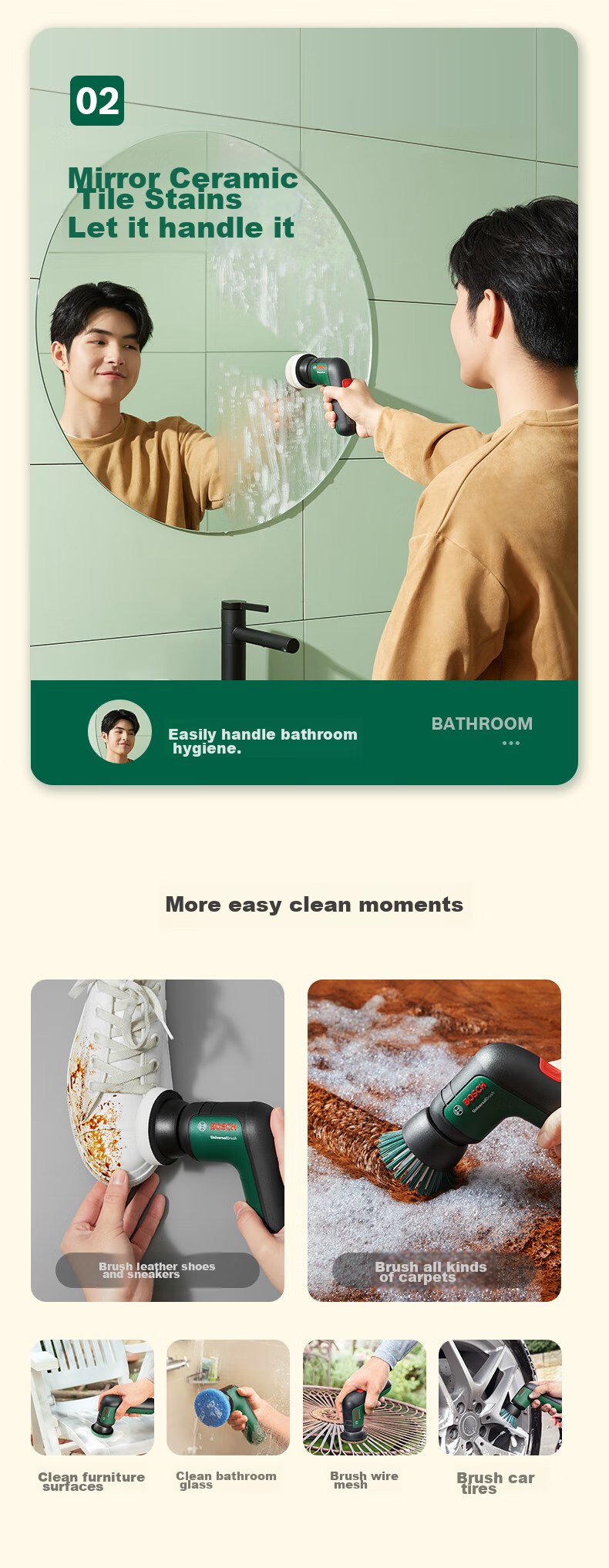 BOSCH Electric Cleaning Brush Waterproof for Glass Tiles Mirror Kitchen Multi-Functional Powerful Cleaning Motor IPX 5 Water Resistant 7