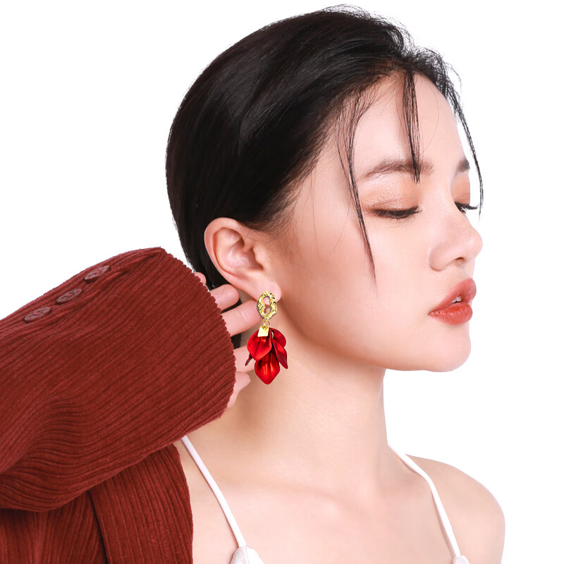Qlady Red Flower Earrings for Women, Elegant And High-End Stud Earrings, 2025 New Light Luxury Niche New Year Ear Jewelry Gift