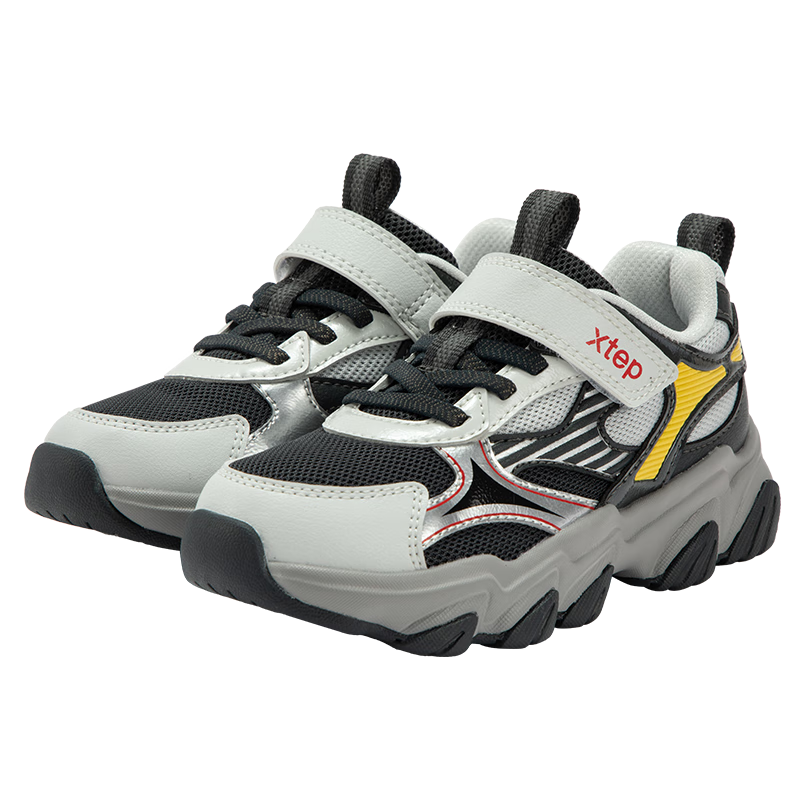 XTEP Kids Retro Dad Style Casual Leather Velcro Sports Shoes Coal Black/ Moonstone Gray Size 28