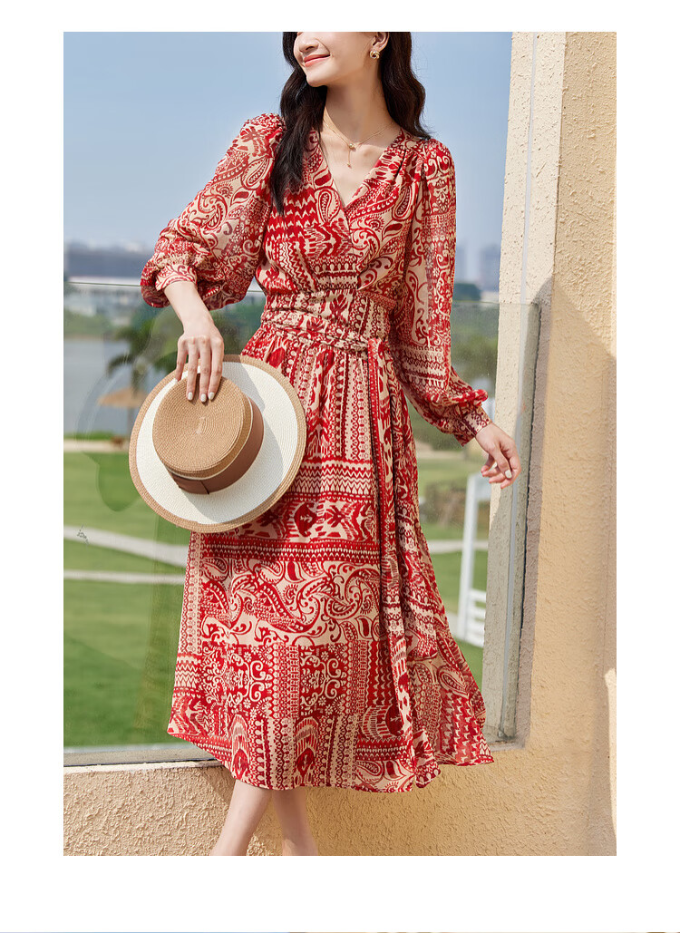Sentubila Spring And Autumn Mid-Length Floral Print Red Dress, Elegant Goddess Style Slimming Vacation Dress, Red Floral Pattern, Size S 20