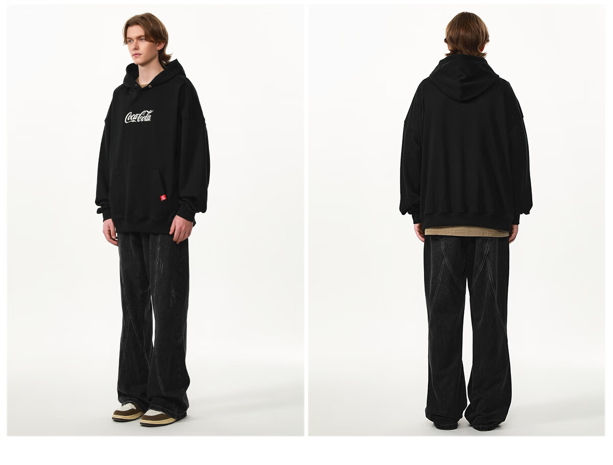 Coca-Cola Hooded Sweatshirt for Men, Autumn And Winter Style, Solid Color American Casual Couple's Top Jacket, Black, L (130-150 Jin) 4