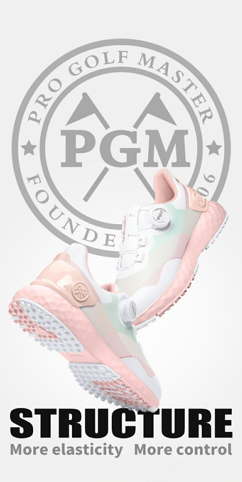 PGM Women's Waterproof Golf Shoes with Rotary Laces, Non-Slip Sneakers, Golf Cleats, White And Pink, Size 38 9