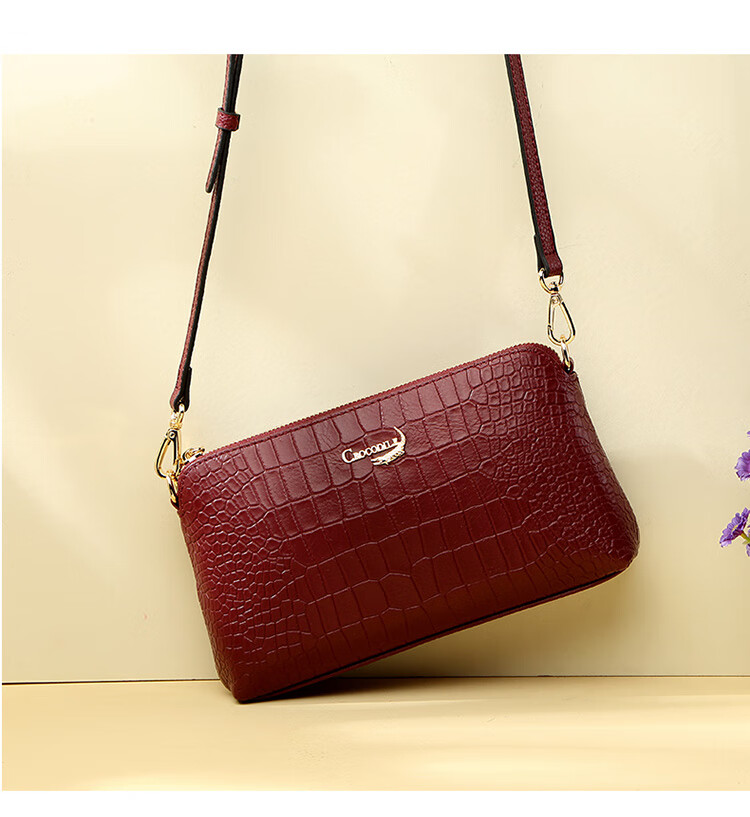 CROCODILE Goddess Day Women's Top-Grain Leather Crocodile Pattern Shoulder Bag, Casual Crossbody Underarm Handbag Gift T2075 Red 3