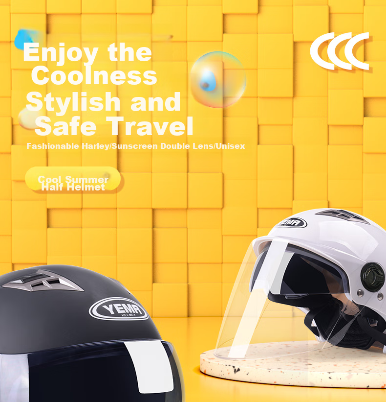 YEMA 3C Certified 329S Electric Motorcycle Helmet, Summer Dual-Lens Half Helmet for Men And Women, Sun Protection Safety Helmet, One Size Fits All, White with Clear Long Visor 1