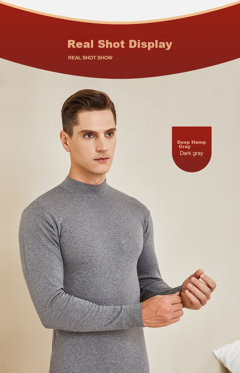 LangSha Men's Autumn Underwear Set, 100% Pure Cotton, Medium to High Collar, Antibacterial Base Layer, All-Cotton Sweater, Men's Thermal Underwear 15