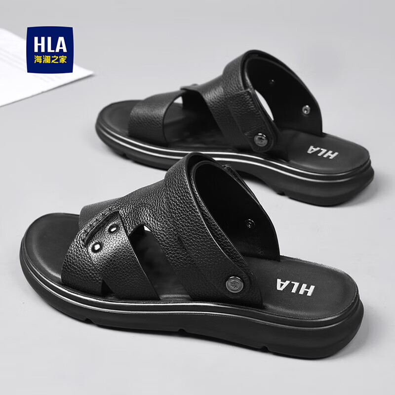 HLA Men's Slip-On Sandals, Top-Grain Leather Breathable Beach Shoes for Men, T031 Black Size 41