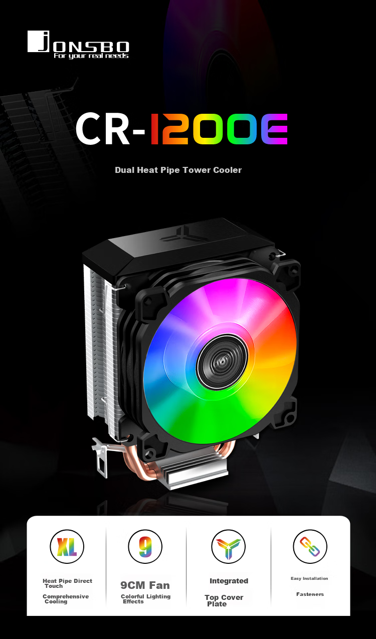 JONSBO CR-1200E Tower CPU Cooler (RGB Lighting Effects, 2 Heat Pipes, 9cm Fan, Multi-Platform Support, Thermal Paste Included) 5