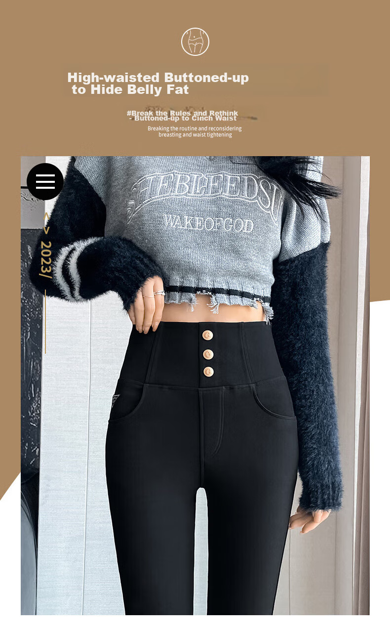 FitonTon High-Waisted Leggings for Women, Outer Wear Autumn Winter Style, Black Tight-Fitting Pencil Skinny Pants with Three Buttons, Small Black Trousers, Black, Size S 3