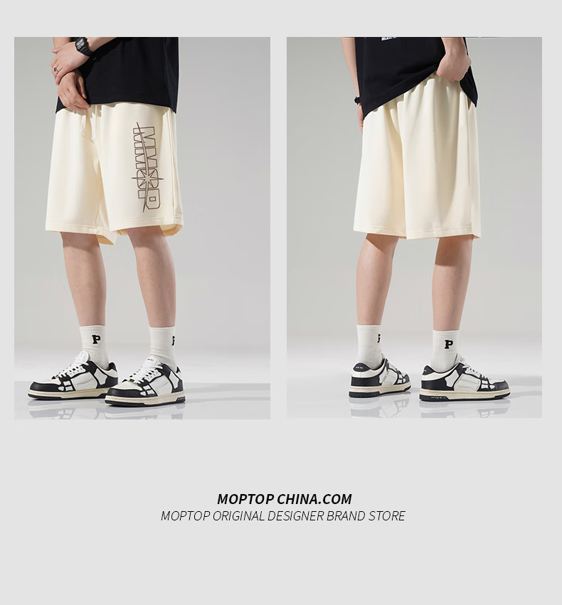 MMOPTOP Trendy Printed Men's Summer Japanese Style Loose Fit Five-Point Casual Sports Shorts HYJ02 Apricot L 4