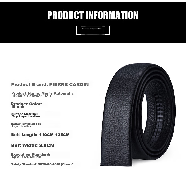 Pierre Cardin [Top-Grain Leather] Men's Belt, Automatic Buckle, No Buckle Head, Black (Width 3.5cm, Length 115cm) 8