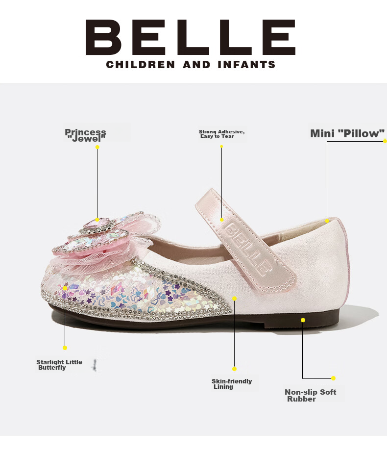 Belle Children's Shoes [Exclusive Style], Girls' Leather Shoes, Kids' Princess Shoes, Baby Crystal Shoes, Spring And Autumn Flats, Pink, Size 30 5