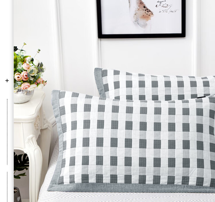 Yuanshenghuo 100% Xinjiang Cotton Pillowcase, Household Anti-Head Oil Pillow Cover, Extra Large And Thick, One Pair Gray Plaid 55*80cm 8