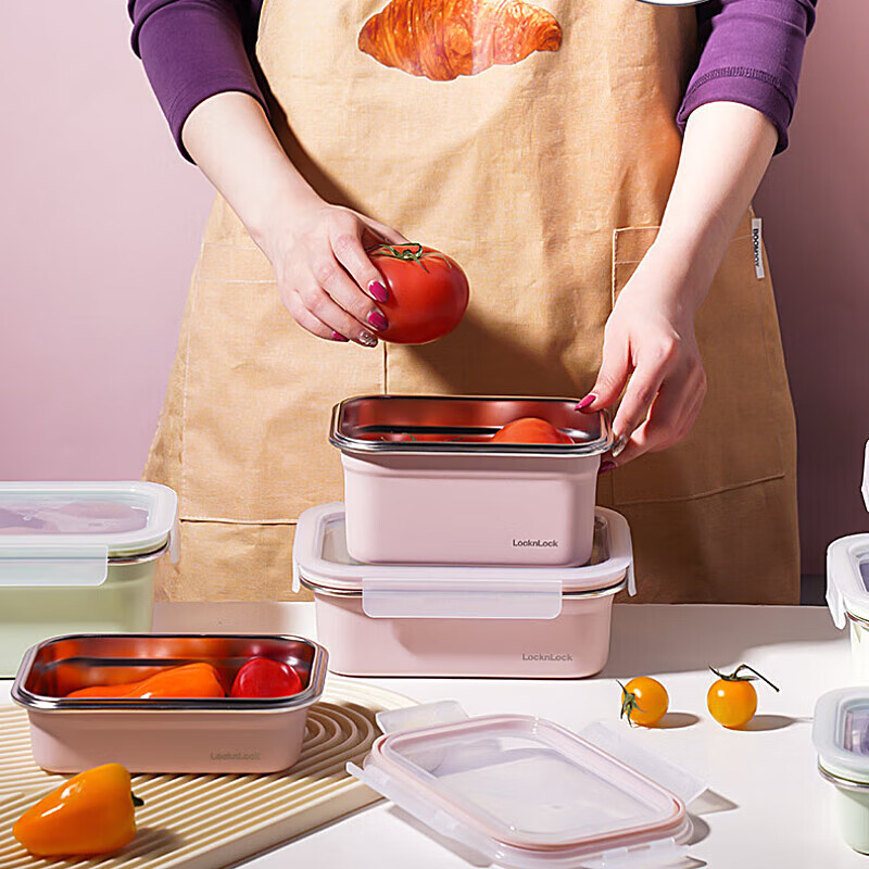 LOCK&LOCK Colorful Food-Grade Stainless Steel Storage Container, Refrigerator Kitchen Organizer Box, Fruit Student Lunch Box, 1L Pink