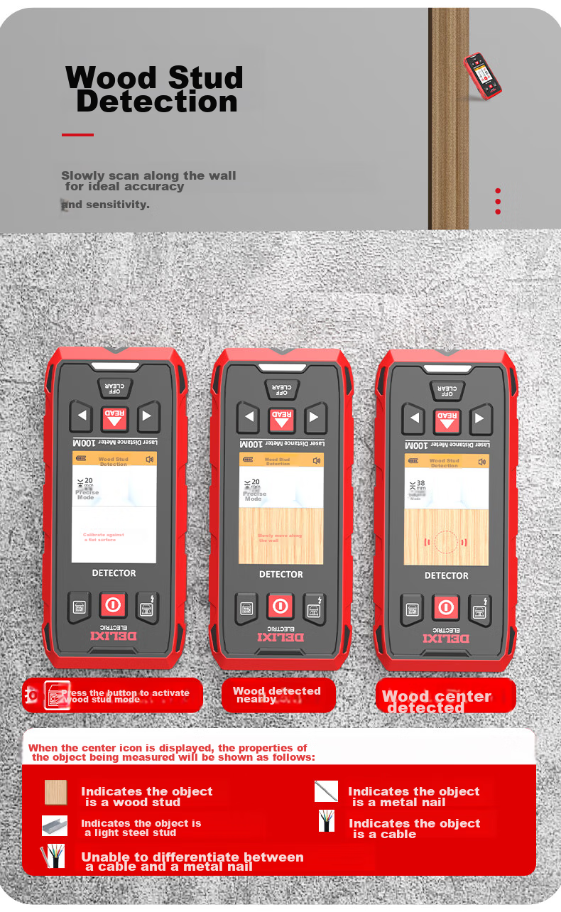 DELIXI ELECTRIC Multi-Function Wall Detector for Metal, Rebar, And Wood Detection with Red Light Ranging up to 100 Meters 10