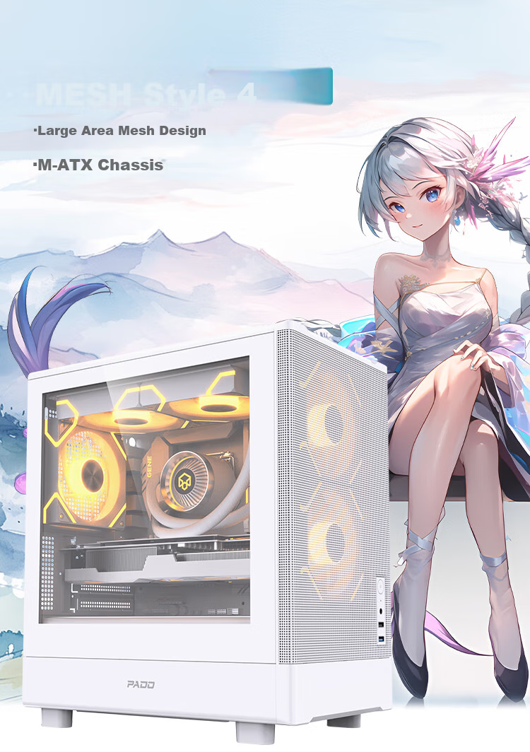 PADO Style 4 White Desktop Small Case with Glass Side Panel, Mesh Ventilation, Supports M-ATX Motherboard, Top 240mm Water Cooling 1
