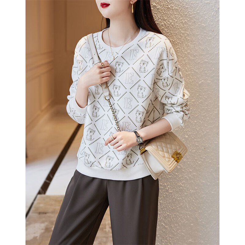 Dme [Cotton Printed Sweatshirt] Spring And Autumn Round Neck Loose Drop Shoulder Long Sleeve Slightly Stretchy Sweatshirt for Wome