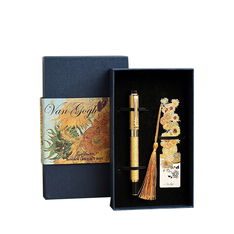 Shiluode Metal Bookmark, Mid-Autumn Festival Gift for Friends, Sunflower Oil Painting Tassel Birthday Present with Pen, Hardcover Gift Box