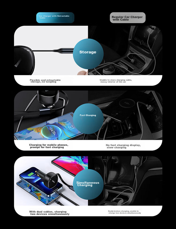 BASEUS Car Charger Retractable Cable, One-To Cigarette Lighter Adapter with Built-In Cord, Super Fast Charging, Compatible with Apple 18 Pro Max, Huawei, Xiaomi 8