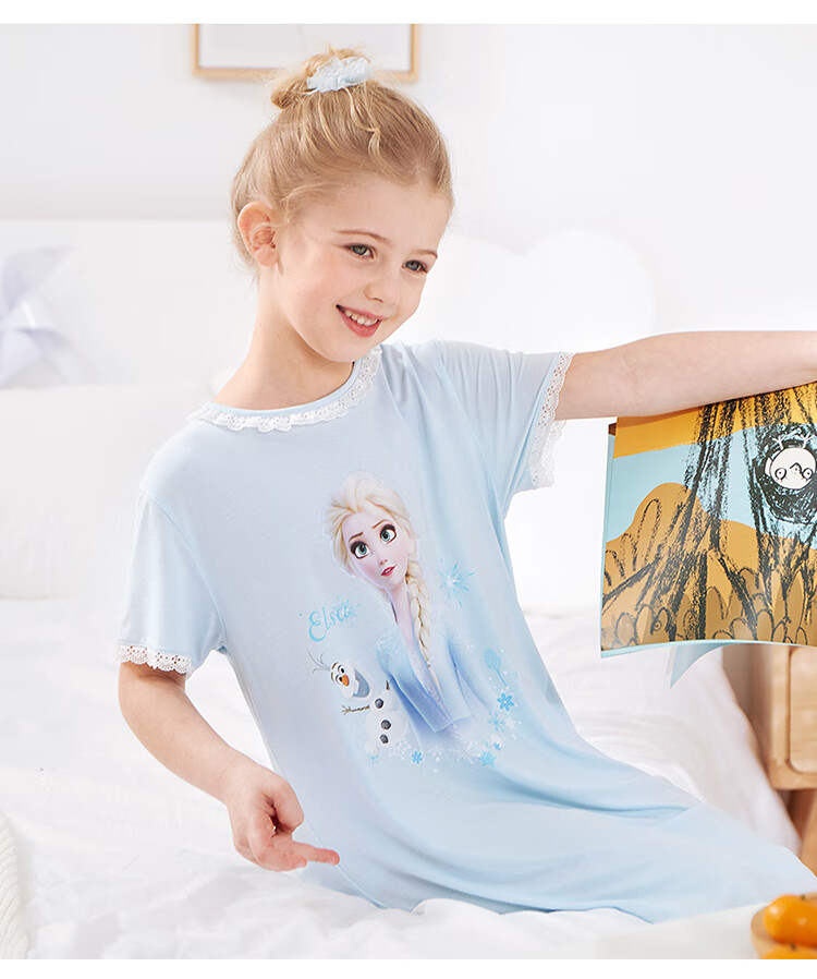 Disney Girls' Nightgown, Summer Thin Modal Sleepwear, Children's Short-Sleeve Ice Silk Pajamas, 1028D Blue, 130cm 12