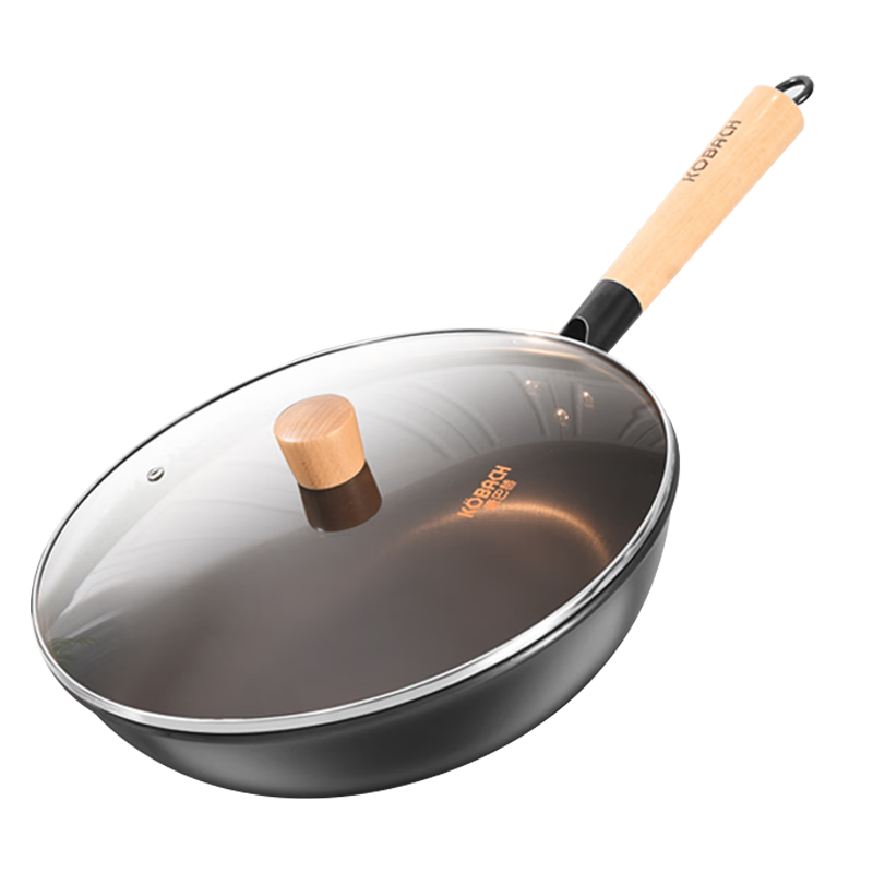 KBH Cast Iron Wok, Non-Coated Stir-Fry Pan, Low Smoke, Suitable for Gas Stoves, 30cm with Lid