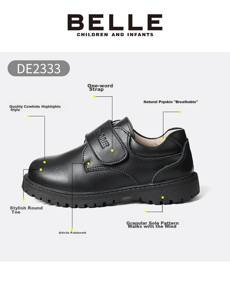 Belle Children's Shoes, Boys' Leather Shoes, Cowhide Student Performance Shoes, Boys' Show Shoes, Spring And Autumn Flats for Older Children, Black, Size 30 5