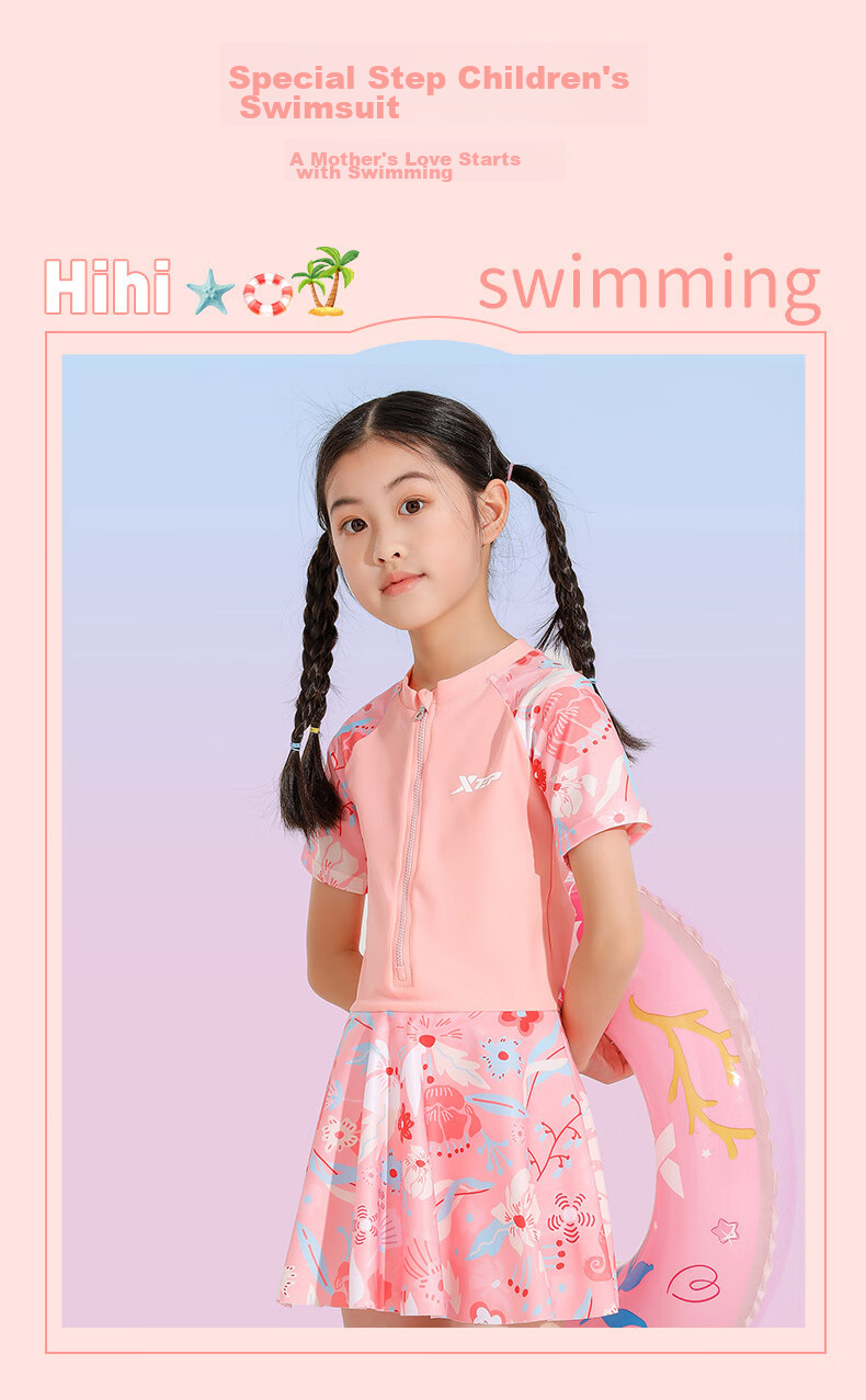 XTEP Children's Swimsuit, One-Piece Dress Skirt Swimming Suit for Girls, Suitable for Big, Medium And Small Children, Baby Hot Spring Swimwear, Pink, Size 130 1