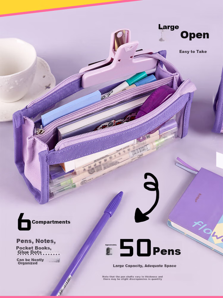 Kinbor Dopamine Colorful Large Capacity Transparent PVC Exam-Specific Pencil Case with Zipper, Multi-Layer Storage Stationery Box for Middle And High School Students, Purple DT55566 7