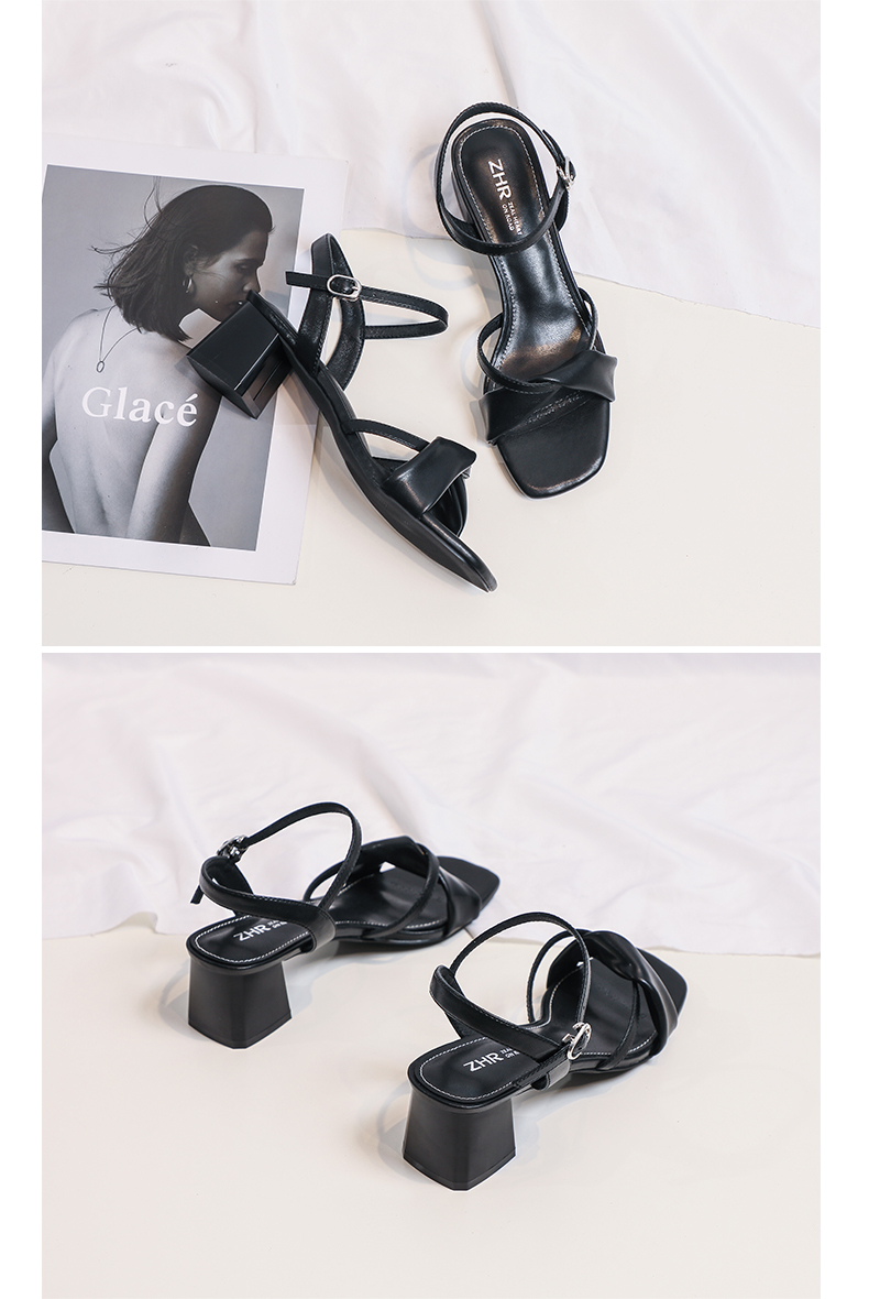 ZHR Women's Sandals, Retro Square Toe, Irregular Cross Strap, Elegant Heightening Slimming Chunky Heel, Commuter Style for Summer, Y516 Black (Classic Style), Size 37 18