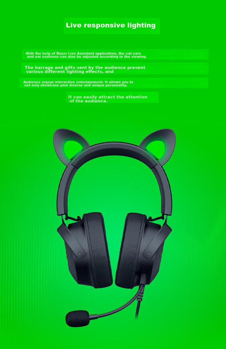 Razer Beihai Giant Monster Cute Cat Professional Edition V2 Wired Over-Ear Gaming Headset with Microphone, Popular Cat Ear Rabbit Ear Bear Ear RGB Lighting PUBG Essential Black 2