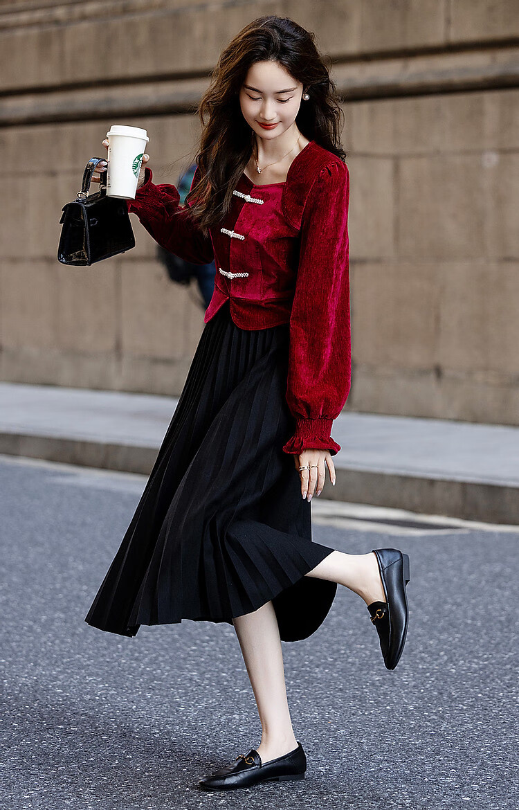Dme [Xuoxing Wan Yue] Spring And Autumn Style New Chinese-Style Square Collar Shirt with Pearl Buttons, Velvet Blouse Women's Top 17