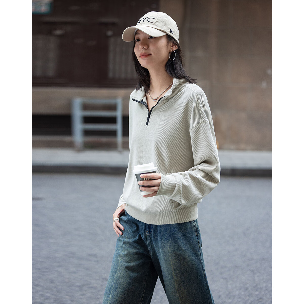 Dme [Relaxed Fit Pullover Sweatshirt] Autumn Light Bean Green Stylish Stand Collar Zipper Half Placket Simple Sweatshirt