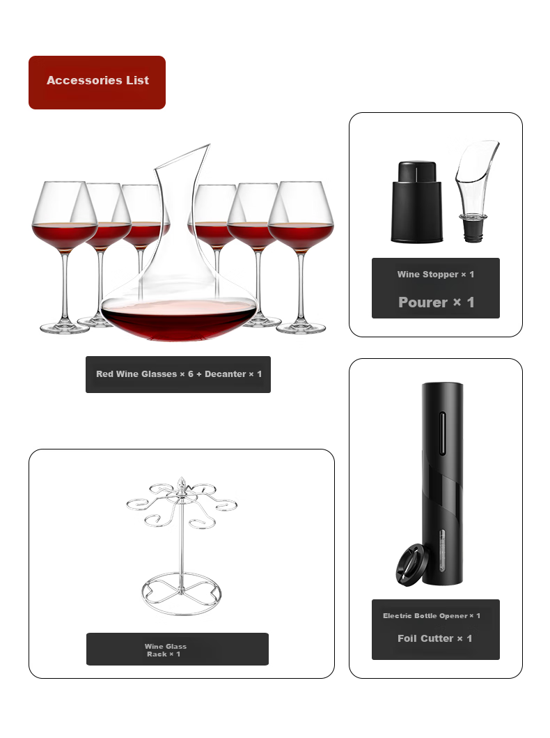 CLITON Crystal Glass Red Wine Glass Goblet Burgundy Glass 12-Piece Set 6 Grape Wine Glasses Decanter Opener 6