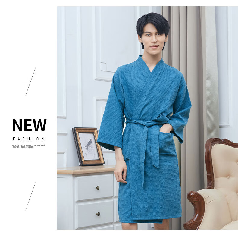Xinya Bathrobe, Pure Cotton Waffle Pattern Adult Bathrobe Home Loungewear, Unisex Couple Thin Bathrobe, Men's Style, Blue L 12
