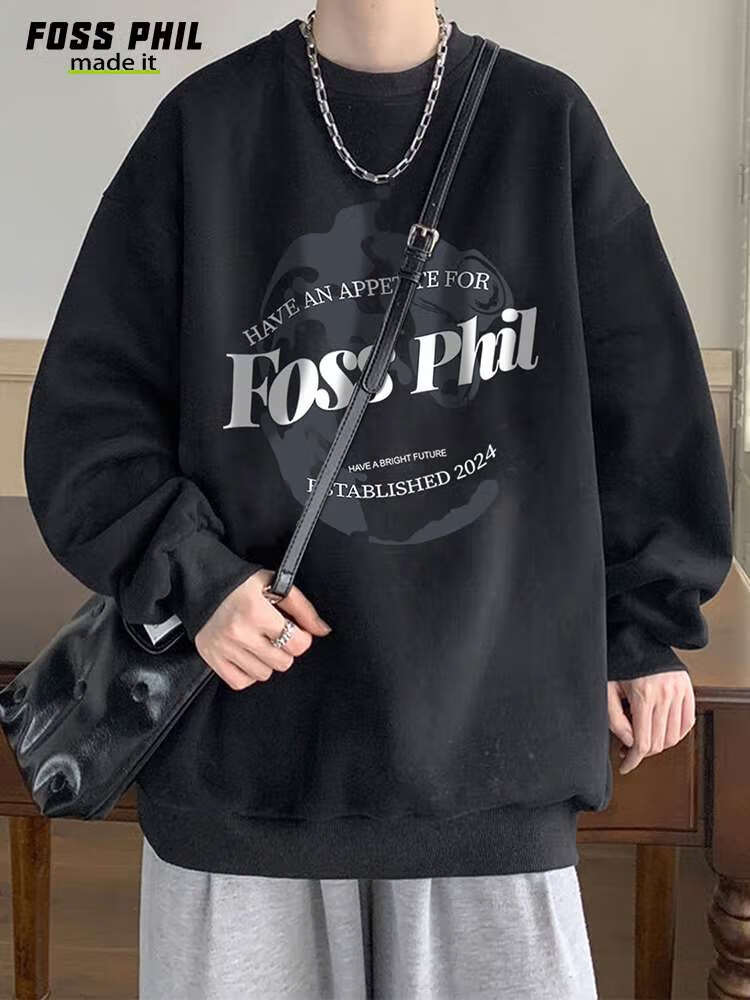 Foss Phil Men's Sweatshirt, Spring And Autumn Fashion Brand, Round Neck Printed Oversized Casual Long-Sleeve Undershirt, FPW1 Black L 6