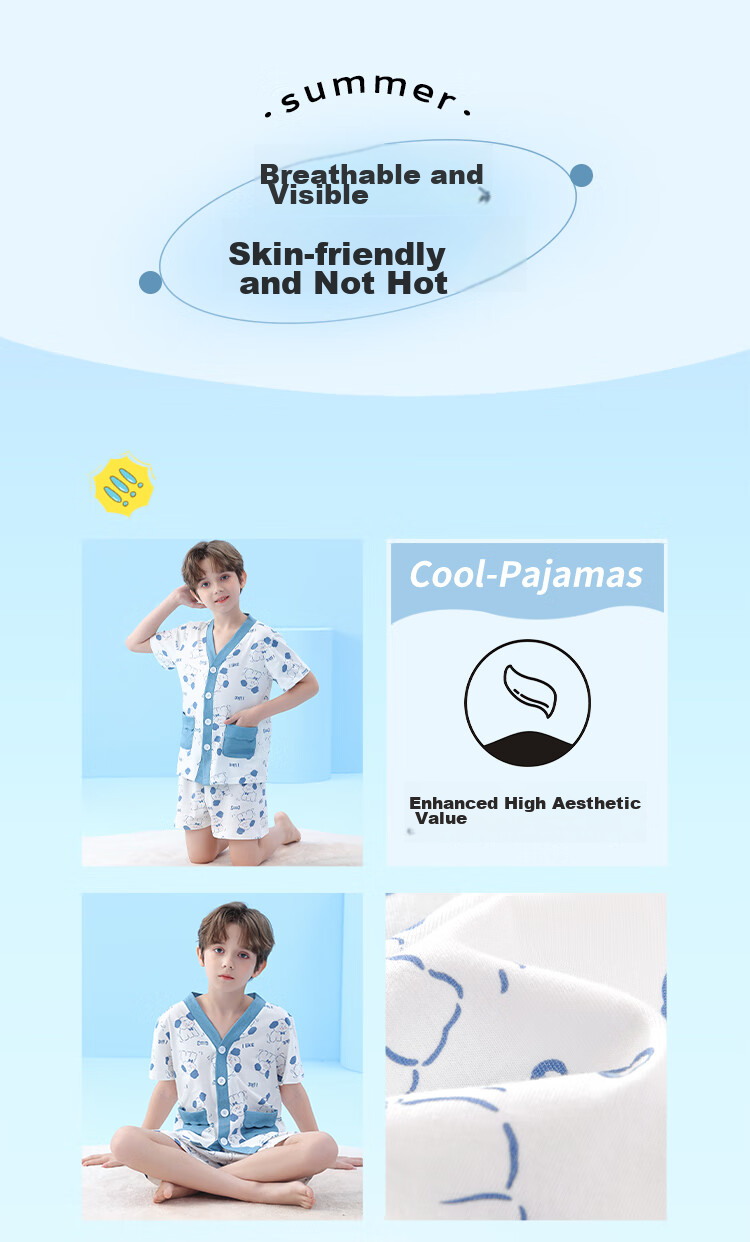 LangSha Children's Pajamas, Boys' Summer Thin V-Neck Short-Sleeve Set, Pure Cotton, Middle School Students' Loungewear Set, Size 120 7