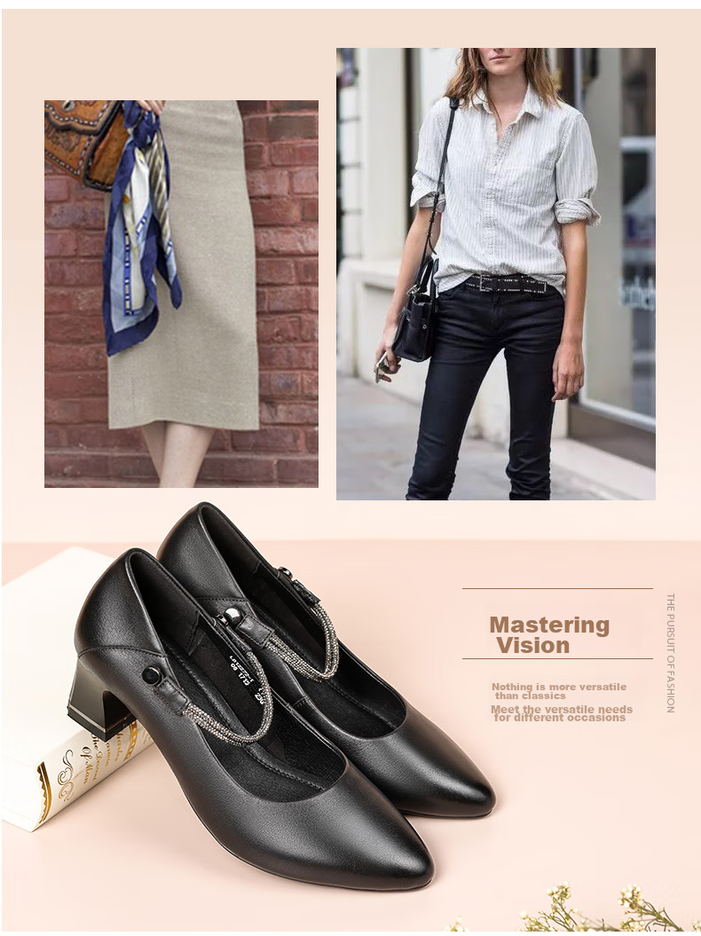 LAORENTOU Spring And Autumn Women's Flats, Shallow Mouth Mid-Heel Leather Shoes, Chunky Heel Commuter Work Mom Shoes LB12272 Black 35 5