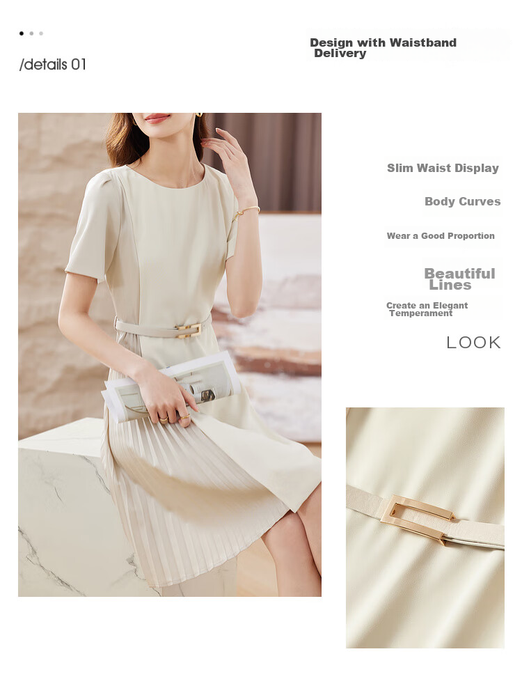 Sentubila Design-Inspired Patchwork Dress, Summer Elegant Pleated Skirt for Petite Figures, Apricot Color, Size S 5