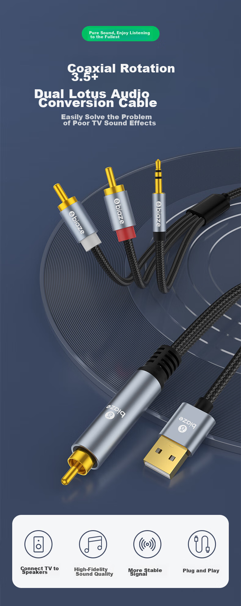 BIAZE Digital Coaxial to 3.5mm + Dual RCA Audio Converter Cable, Set-Top Box TV to Dual RCA Audio Amplifier SPDIF to Analog 3.5mm, 3 Meters 3