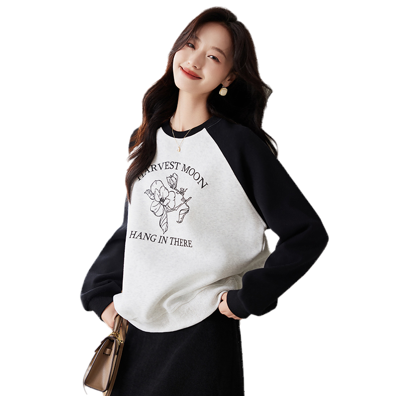 PinCai Relaxed Fit Sweatshirt Elegant Floral Print Crew Neck Colorblock Raglan Sleeve Versatile Jacket P143W1007