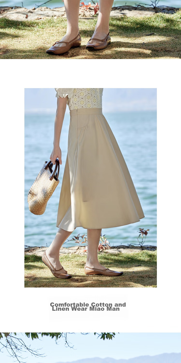 INMAN Summer Casual High-Waisted A-Line Skirt for Women, Elastic Waist, Loose Fit, Slimming, Mid-Length Skirt, Dark Khaki, Size S 12