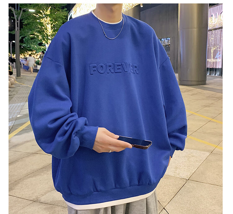 Dingfengbaoluo American Retro Crew Neck Sweatshirt for Men, Spring Trendy Steel-Printed Long-Sleeve Top DFL07 White XL 12