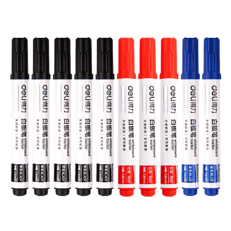 Deli Erasable Whiteboard Markers, Single-Tip Easy-To Smooth Writing, Office Stationery for Meetings And Teaching, 5 Black 3 Red 2 Blue Mixed Colors, 10 Pcs/box, SK108-10