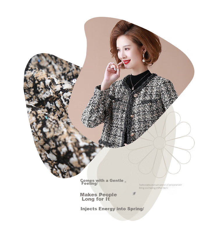 QianLian Mom's Spring Short Jacket, Middle-Aged Women's Chanel-Style Long-Sleeve Top, Middle-Aged And Elderly Spring And Autumn Casual Low-Heel Blazer 4