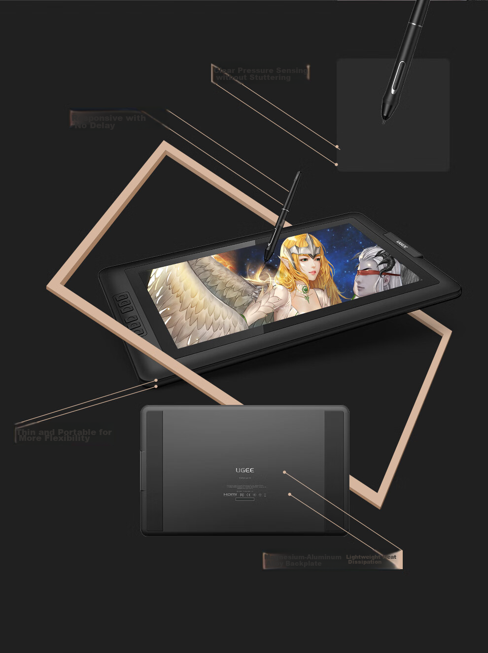 UGEE Digital Drawing Tablet, 16K Pressure Sensitivity, Handheld Graphics Pad, Writing Tablet for Computer, Online Class Writing Pad, Drawing Board, Electronic Drawing Pad M908 2