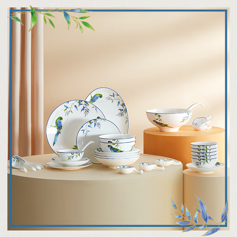 Набор посуды Magelongte Bone China, 32 предмета на 6 персон, узор "Попугай", подарочная упаковка, китайский стиль