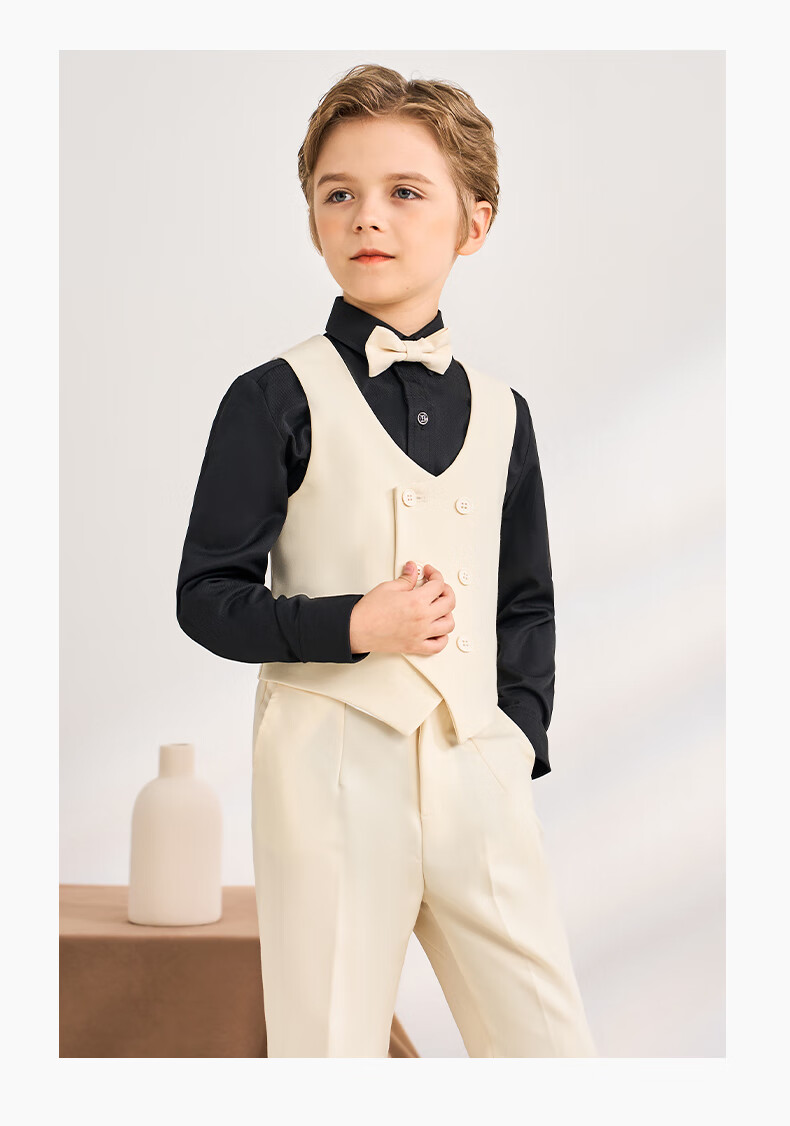 Luomeng Boys' Suit Set, Baby's First Birthday Formal Wear, Children's Wedding Flower Boy Outfit, Beige Vest Set, Size 80 18
