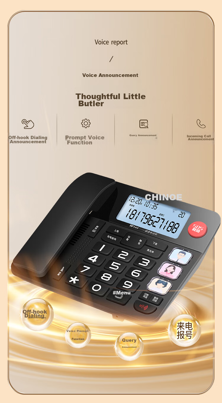 CHINO-E Landline Telephone for Elderly, Fixed-Line Phone, Large Ringtone, Luminous Buttons, Volume Control, Battery-Free, Caller ID, Office And Hotel Use C209 Red 5