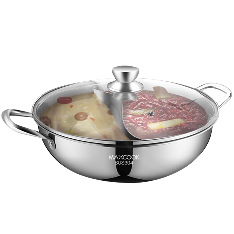 Maxcook Double-Sided Hot Pot, 32cm Thickened 304 Stainless Steel with Lid And Hot Pot Spoon, Compatible with Gas And Induction Cooktops, MCT963