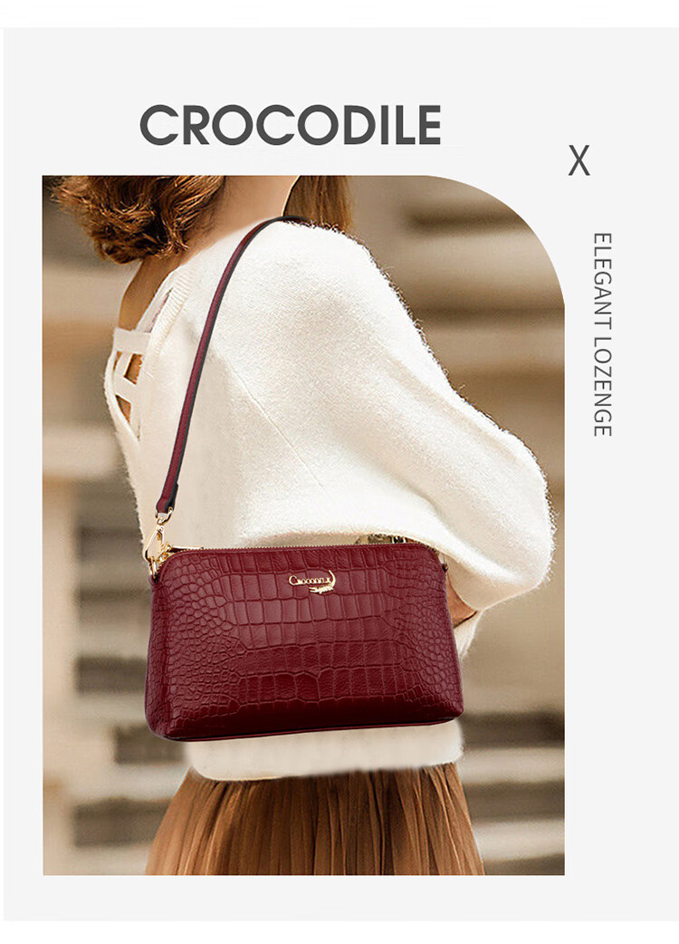 CROCODILE Goddess Day Women's Top-Grain Leather Crocodile Pattern Shoulder Bag, Casual Crossbody Underarm Handbag Gift T2075 Red 1